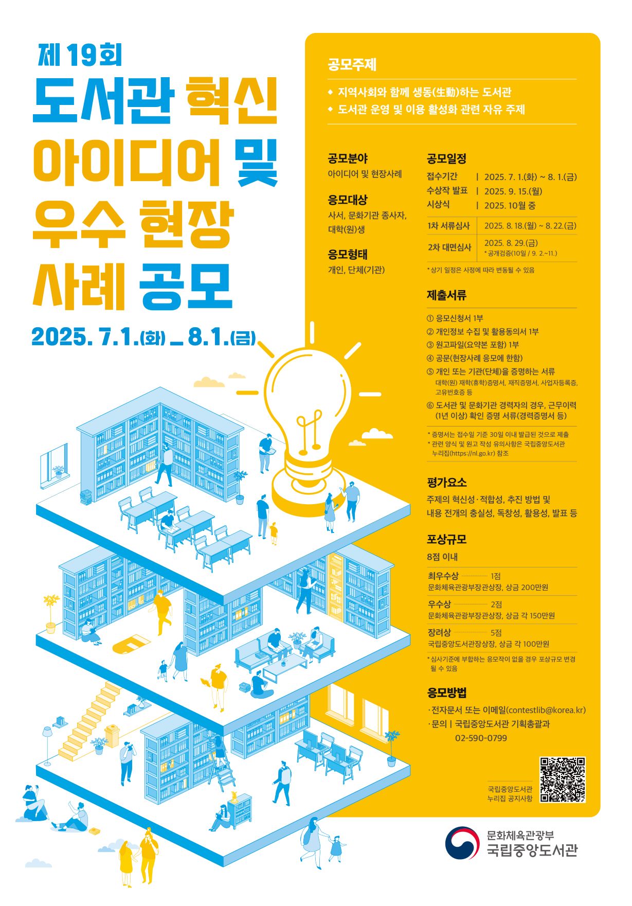 제 19회 도서관 혁신 아이디어 및 우수 현장 사례 공모 2024.7.1.(화)_8.1.(금) 공모주제 지역사회와 함께 생동하는 도서관 도서관 운영 및 이용 활성화 관련 자유 주제 공모분야 아이디어 및 현장사례 응모대상 사서, 문화기관 종사자, 대학(원)생 응모형태 개인, 단체(기관) 공모일정 접수기간 2025.7.1.(화)~8.1.(금) 수상작발표 2025.9.15.(월) 시상식 2025.10월 중 1차 서류심사 2025.8.18.(월)~8.22.(금) 2차 대면심사 2025.8.29.(금) * 공개검증(10일/9.2.~11.) 상기 일정은 사정에 따라 변동될 수 있음 제출서류 ① 응모신청서 1부 ② 개인정보 수집 및 활용 동의서 1부 ③ 원고파일(요약본 필수 포함) 1부 ④ 공문(현장사례 응모에 한함) ⑤ 개인 또는 기관(단체)을 증명하는 서류 - 대학(원) 재학(휴학)증명서, 재직증명서, 사업자등록증, 고유번호증 등 ⑥ 도서관 및 문화기관 경력자의 경우, 근무이력(1년 이상) 확인 증명 서류(경력증명서 등) * 증명서는 접수일 기준 30일 이내 발급된 것으로 제출 평가요소 주제의 혁신성적합성, 추진 방법 및 내용 전개의 충실성, 독창성, 활용성, 발표 등 포상규모 8점 이내 최우수상 1점 문화체육관광부장관상장, 상금200만원 우수상 2점 문화체육관광부장관상장, 상금 각 150만원 장려상 5점 국립중앙도서관장상장, 상금 각 100만원 * 심사기준에 부합하는 응모작이 없을 경우 포상규모 변경 될 수 있음 응모방법 전자문서 또는 이메일(contestlib@korea.kr) 문의 국립중앙도서관 기획총괄과 02-590-0799 문화제육관광부 국립중앙도서관