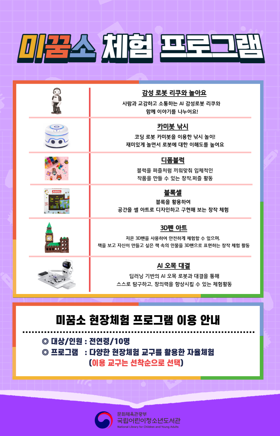 미꿈소 체험 프로그램 감성 로봇 리쿠와 놀아요 (사람과 교감하고 소통하는 AI 감성로봇 체험) 카미봇 축구 (코딩 로봇을 이용한 축구 놀이) 컬러 비즈 (컬러비즈로 도서관 만들기 체험) 블록셀 (블록을 활용한 공간 디자인 체험) 3D펜 현장체험 놀이 (3D펜으로 책 속 인물 만들기 체험) AI 오목 대결 (AI 오목 로봇과 대결하는 체험) 사진 감성 로봇 리쿠 카미봇 로봇 컬러 비즈 작품 블록셀 체험 교구 3D펜 건축물 작품 AI 오목 로봇 교구 미꿈소 현장체험 프로그램 이용 안내 ◎ 대상/인원 : 전연령/10명 ◎ 프로그램 : 다양한 현장체험 교구를 활용한 자율체험 (이용 교구는 선착순으로 선택) 문화체육관광부 국립어린이청소년도서관 National Library for Children and Young Adults